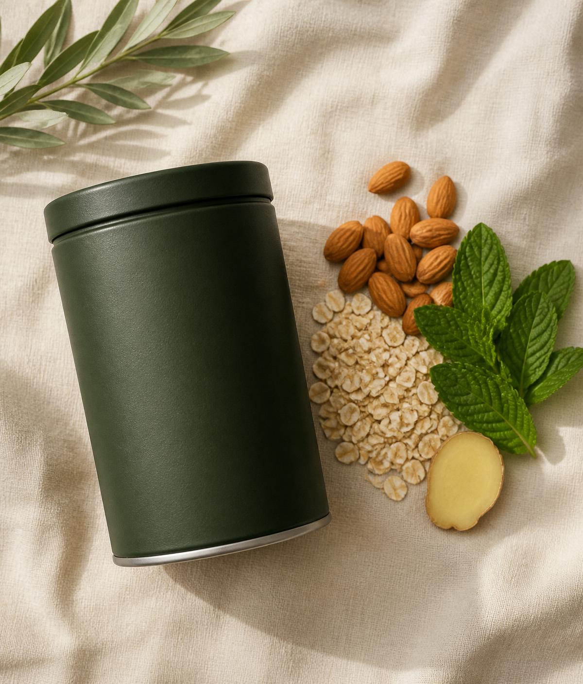 Ingredientes naturais ao lado de lata Nutryum